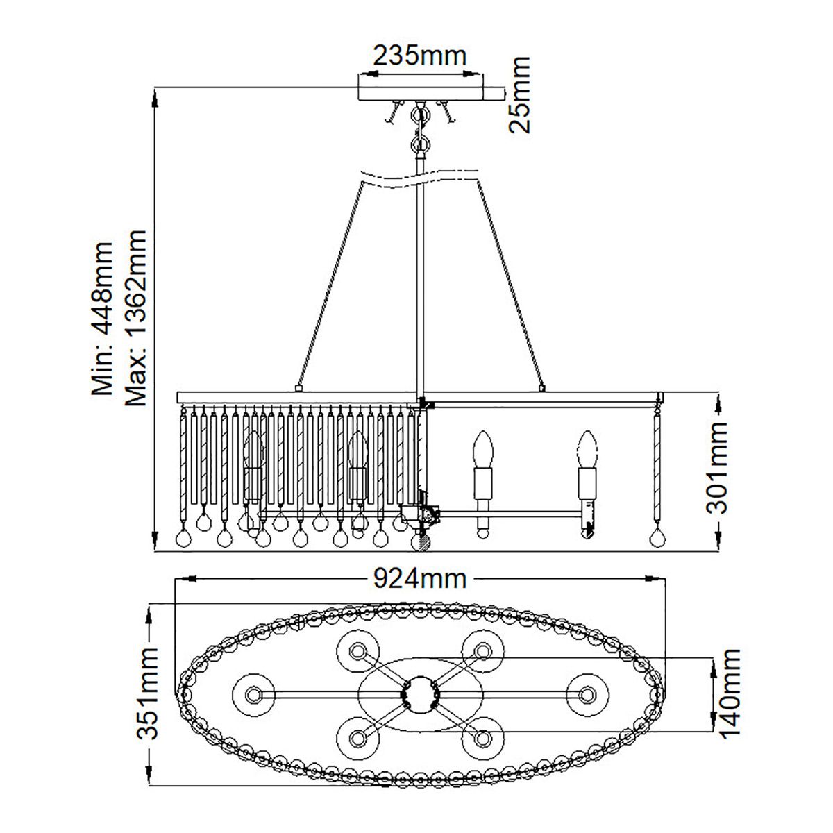 Piper 6 Izzós Oval Sziget Króm Mennyezeti Függőlámpa